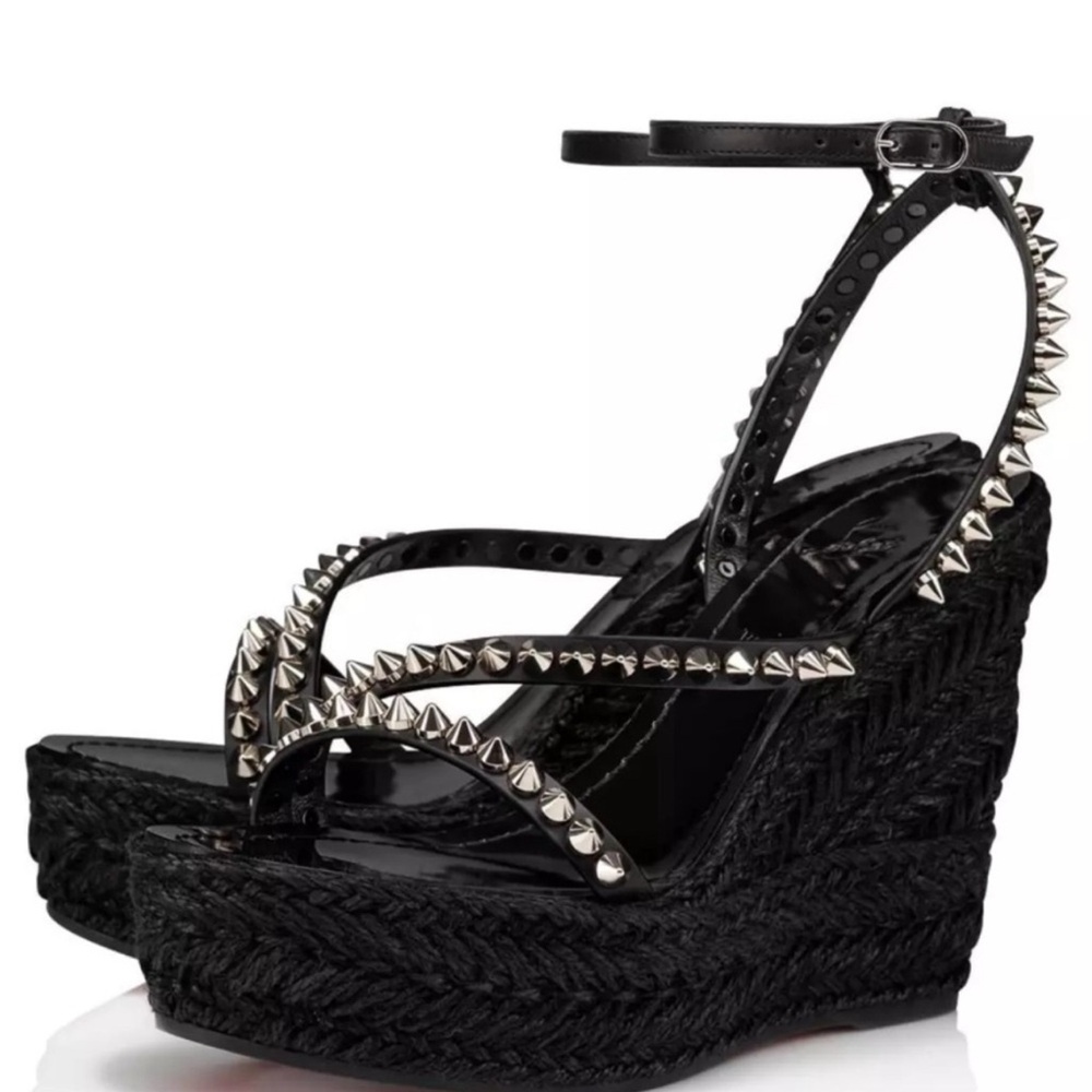 Christian Louboutin Mafaldina Zeppa 120 Black Spiked Wedge Sandals 38 NEW $895 - Picture 2 of 13